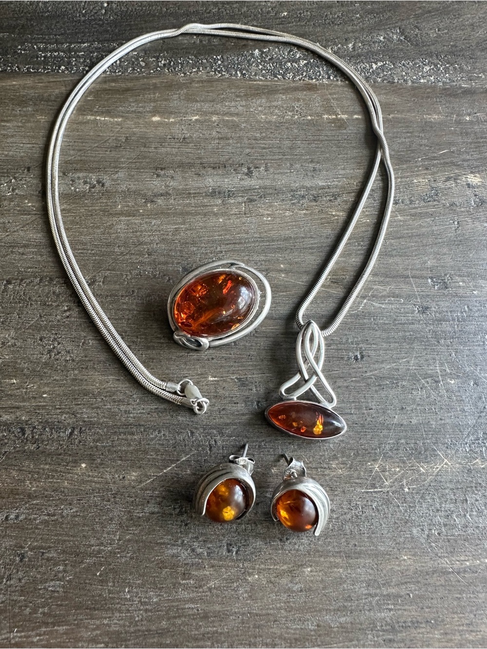 Sterling Silver Amber Jewelry Set - Necklace, Earrings, and Brooch